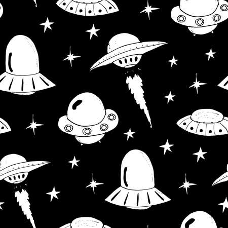 Ufo and aliens Seamless pattern. Cute Doodles space ships sketch. Hand drawn Cartoon Vector illustration.のイラスト素材