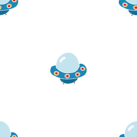 Ufo and aliens Seamless pattern. Cute Doodles space ships sketch. Hand drawn Cartoon Vector illustration.のイラスト素材