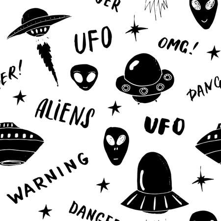 Ufo and aliens Seamless pattern. Cute Doodles space ships sketch. Hand drawn Cartoon Vector illustration.のイラスト素材