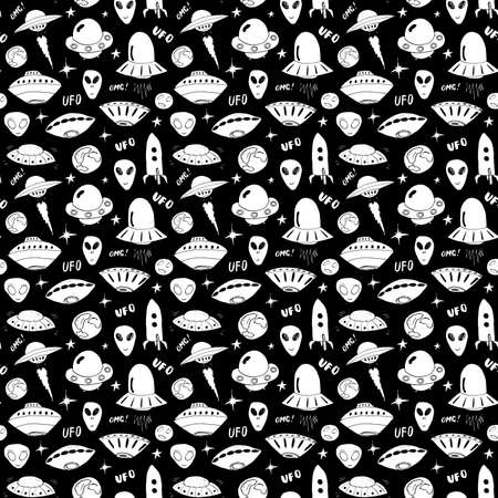 Ufo and aliens Seamless pattern. Cute Doodles space ships sketch. Hand drawn Cartoon Vector illustration.のイラスト素材