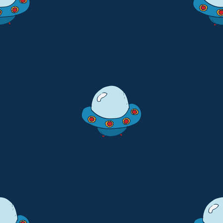 Ufo and aliens Seamless pattern. Cute Doodles space ships sketch. Hand drawn Cartoon Vector illustration.のイラスト素材