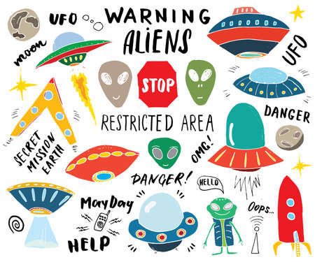 Aliens and Ufo Hand Drawn sketch Set. Cute Cartoon alien spaceships Doodles and Lettering Vector Illustration.のイラスト素材
