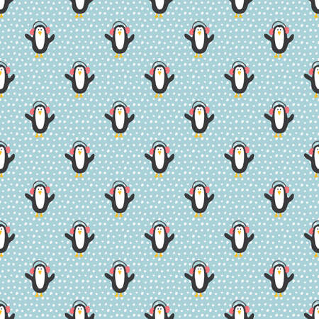 New Year and Christmas seamless pattern with penguins, hand drawn doodles Seamless Pattern. Background Vector Illustration.のイラスト素材