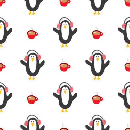 New Year and Christmas seamless pattern with penguins, hand drawn doodles Seamless Pattern. Background Vector Illustration.のイラスト素材