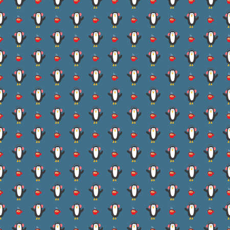 New Year and Christmas seamless pattern with penguins, hand drawn doodles Seamless Pattern. Background Vector Illustration.のイラスト素材