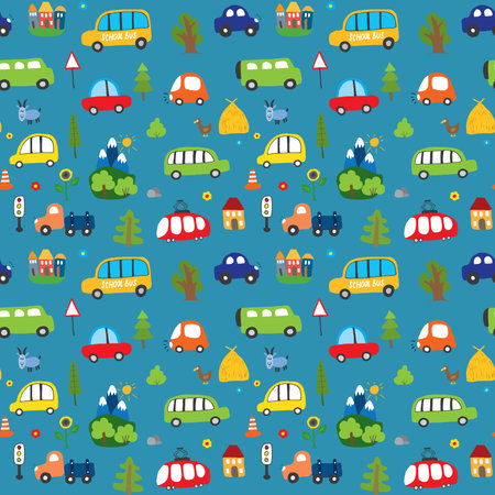 Cute Cars Seamless Pattern, Cartoon transportation Doodles Background. vector Illustration.のイラスト素材