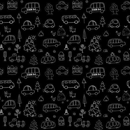 Cute Cars Seamless Pattern, Cartoon transportation Doodles Background. vector Illustration.のイラスト素材