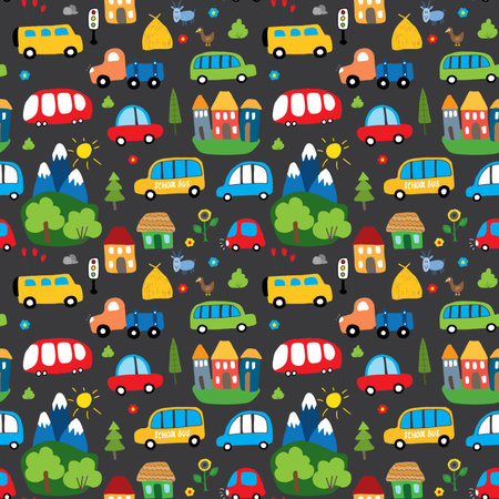 Cute Cars Seamless Pattern, Cartoon transportation Doodles Background. vector Illustration.のイラスト素材