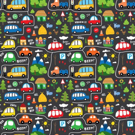 Cute Cars Seamless Pattern, Cartoon transportation Doodles Background, vector Illustration.のイラスト素材
