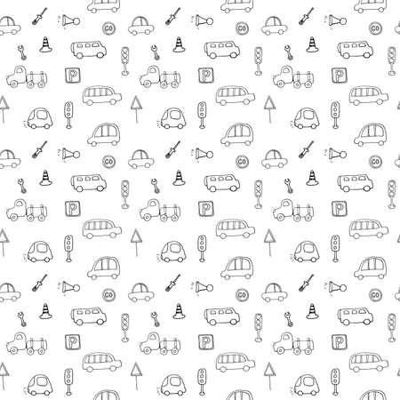 Cute Cars Seamless Pattern, Cartoon transportation Doodles Background, vector Illustration.のイラスト素材