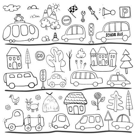 Cars Cartoon Set. Cute transport Doodles collection, vector illustration.のイラスト素材