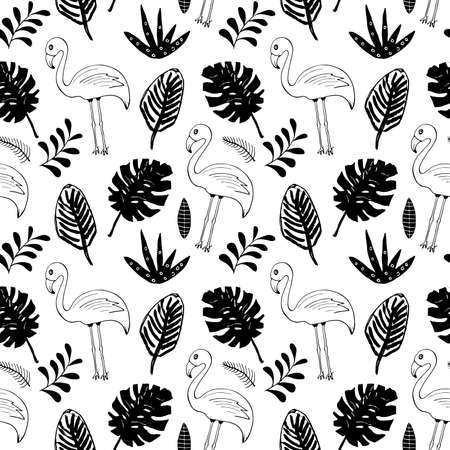 Cute Flamingo and Tropical plants Seamless pattern. Hand Drawn Animal and palm leaves Background. Vector Illustration.のイラスト素材