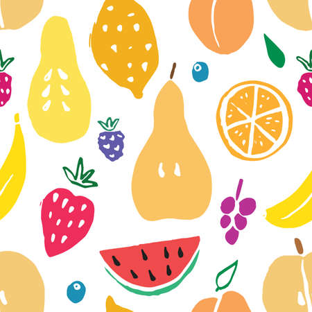 Fruit seamless pattern, collection of juicy fruits, apple, pear, strawberry, orange slice, peach,...