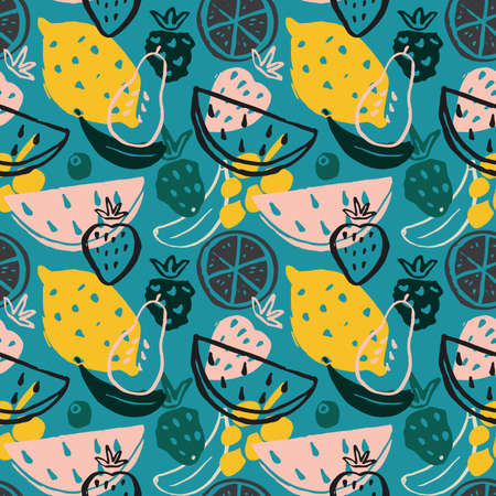 Fruit seamless pattern, collection of juicy fruits, apple, pear, strawberry, orange slice, peach, plum, banana, watermelon, papaya, grapes, lemon and berries background, vector illustration.のイラスト素材