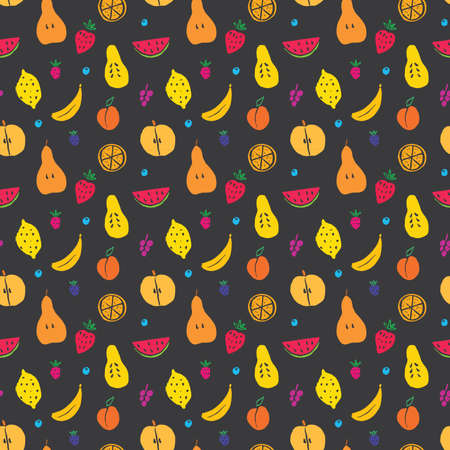 Fruit seamless pattern, collection of juicy fruits, apple, pear, strawberry, orange slice, peach, plum, banana, watermelon, papaya, grapes, lemon and berries background, vector illustration.のイラスト素材