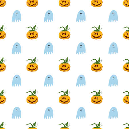 Halloween seamless pattern design. Cute cartoon pumpkin and ghost, holiday background, vector illustration.のイラスト素材