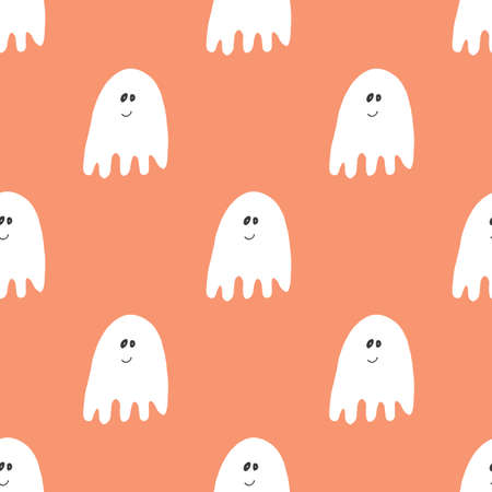 Cute ghost seamless pattern design. Halloween holiday, cartoon background, vector illustration.のイラスト素材