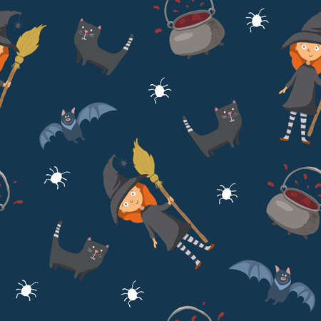 Halloween seamless pattern design. Cute cartoon elements, holiday background, vector illustration.のイラスト素材