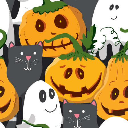 Halloween seamless pattern design. Cute cartoon elements, holiday background, vector illustration.のイラスト素材