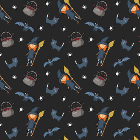 Halloween seamless pattern design. Cute cartoon elements, holiday background, vector illustration.のイラスト素材