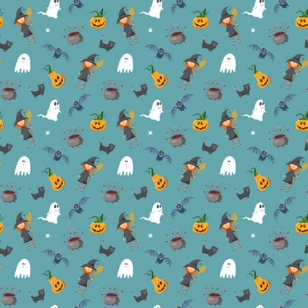 Halloween seamless pattern design. Cute cartoon elements, holiday background, vector illustration.のイラスト素材