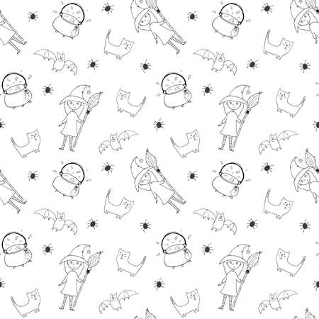 Halloween seamless pattern design. Cute cartoon elements, holiday background, vector illustration.のイラスト素材