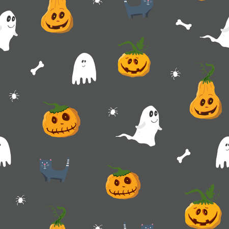 Halloween seamless pattern design. Cute cartoon elements, holiday background, vector illustration.のイラスト素材