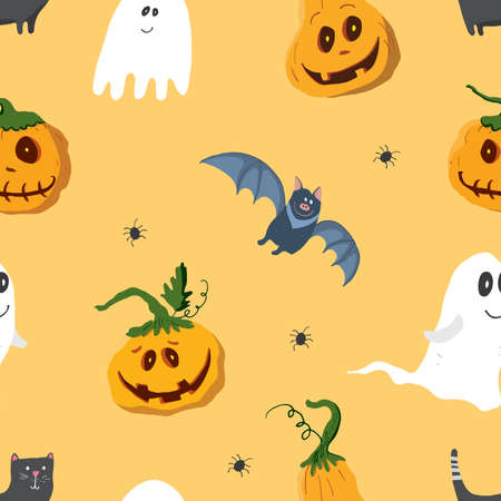 Halloween seamless pattern design. Cute cartoon elements, holiday background, vector illustration.のイラスト素材