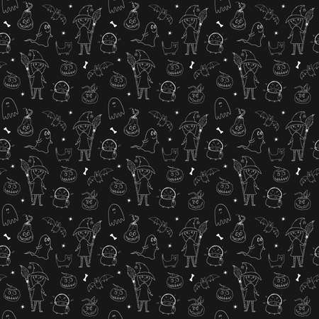 Halloween seamless pattern design. Cute cartoon elements, holiday background, vector illustration.のイラスト素材