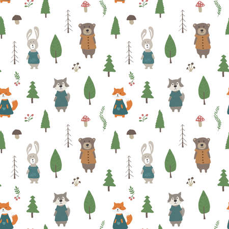 Cute animals Seamless pattern. Cartoon Animals in forest background. Vector illustration.のイラスト素材
