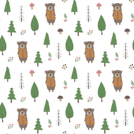 Cute bear Seamless pattern. Cartoon Animals in forest background. Vector illustration.のイラスト素材