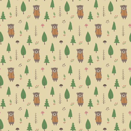Cute bear Seamless pattern. Cartoon Animals in forest background. Vector illustration.のイラスト素材