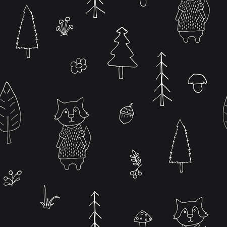 Cute wolf Seamless pattern. Cartoon Animals in forest background. Vector illustration.
