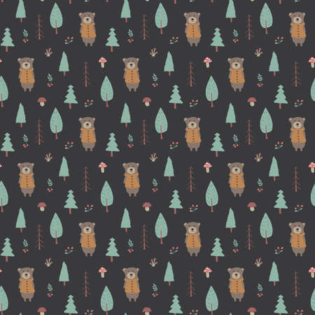 Cute bear Seamless pattern. Cartoon Animals in forest background. Vector illustration.のイラスト素材