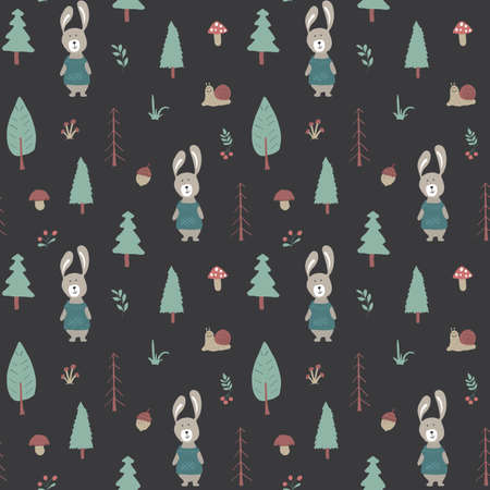 Cute rabbit Seamless pattern. Cartoon Animals in forest background. Vector illustration.