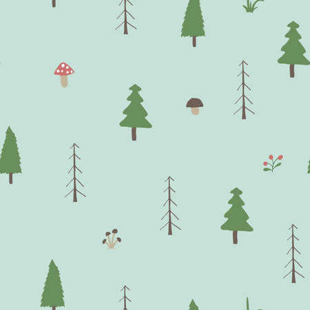 Woodland Seamless pattern, Forest background. Cute cartoon trees and plants vector illustration.のイラスト素材