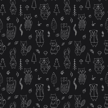 Cute animals Seamless pattern. Cartoon Animals in forest background. Vector illustration.のイラスト素材