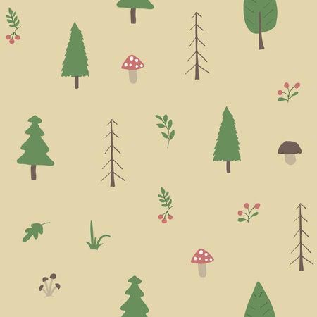 Woodland Seamless pattern, Forest background. Cute cartoon trees and plants vector illustration.