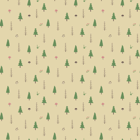 Woodland Seamless pattern, Forest background. Cute cartoon trees and plants vector illustration.のイラスト素材