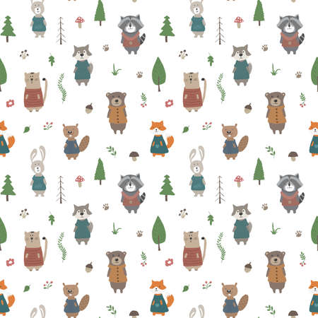 Cute animals Seamless pattern. Cartoon Animals in forest background. Vector illustration.のイラスト素材