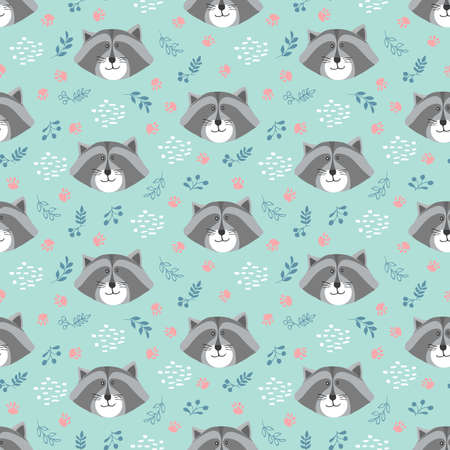 Cute Raccoon Seamless pattern. Cartoon Animals in forest background. Vector illustration.のイラスト素材