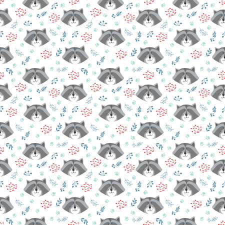 Cute Raccoon Seamless pattern. Cartoon Animals in forest background. Vector illustration.のイラスト素材