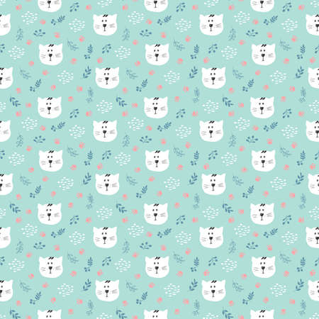 Cute Cat Seamless pattern. Cartoon Animals in forest background. Vector illustration.のイラスト素材