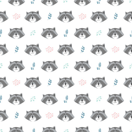Cute Raccoon Seamless pattern. Cartoon Animals in forest background. Vector illustration.のイラスト素材