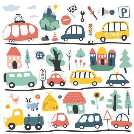 Cars Cartoon Set. Cute transport Doodles collection, vector illustration.のイラスト素材