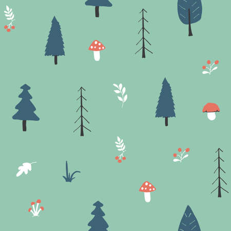 Woodland Seamless pattern, Forest background. Cute cartoon trees and plants vector illustration.