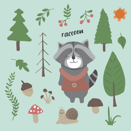 Cute Raccoon in forest. Cartoon Animal in Woodland with trees and plants. Vector illustration.のイラスト素材
