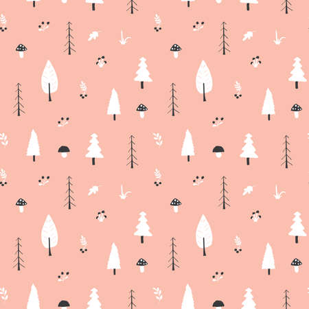 Woodland Seamless pattern, Forest background. Cute cartoon trees and plants vector illustration.のイラスト素材