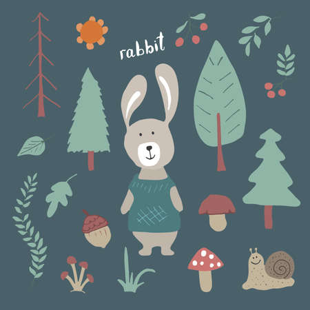 Cute Rabbit in forest. Cartoon Animal in Woodland with trees and plants. Vector illustration.のイラスト素材