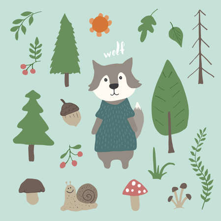 Cute Wolf in forest. Cartoon Animal in Woodland with trees and plants. Vector illustration.のイラスト素材